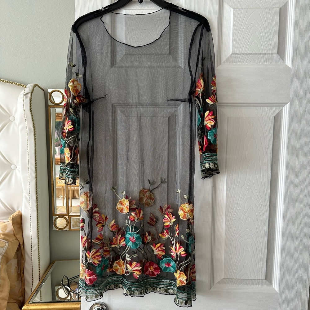 Floral Embroidered Sheer Black Dress - Picture 2 of 9